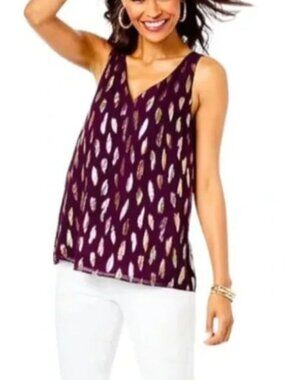 NWT Lilly Pulitzer Florin Sleeveless V-Neck Metallic Feathers Cherry Ganache S